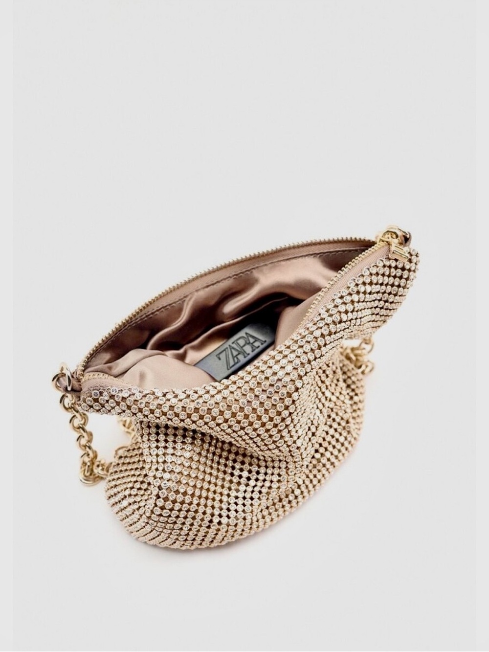 ZARA Gold Crystal Mesh Evening Clutch with Chain